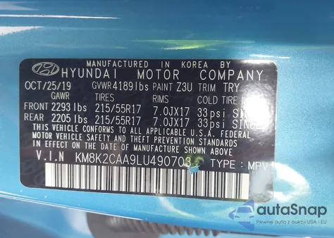2020 Hyundai Kona Sel z USA, uszkodzony, nr VIN KM8K2CAA9LU490703